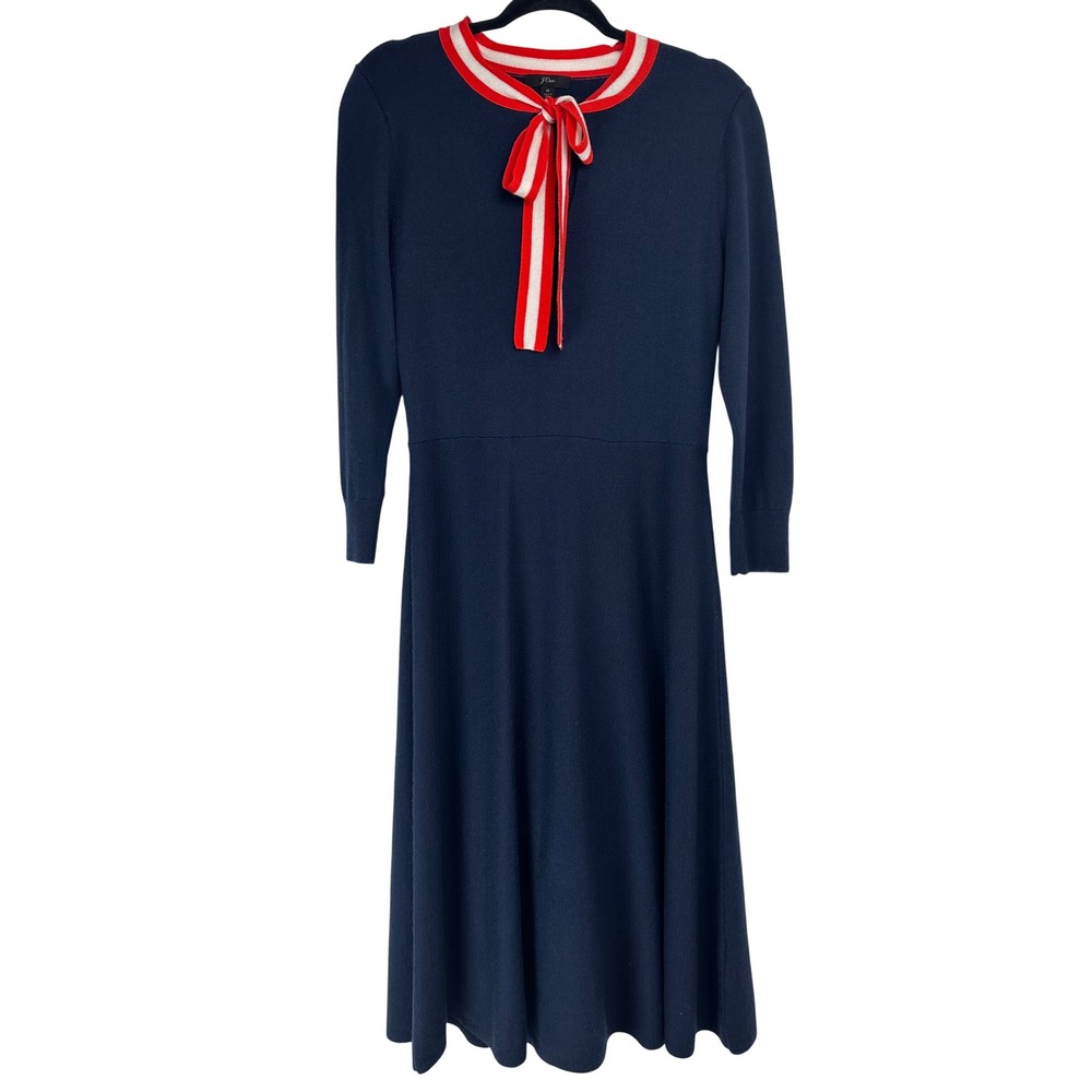 J.Crew Alice DressBlue Tie Neck Wool Blend Midi Medium Nautical Preppy Heritage